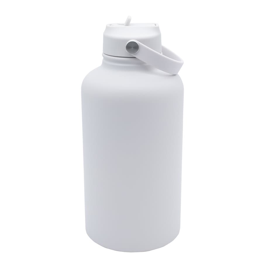 A drink bottle in matte white, featuring a screw-on lid and a handle for easy carrying. It has a simple logo.