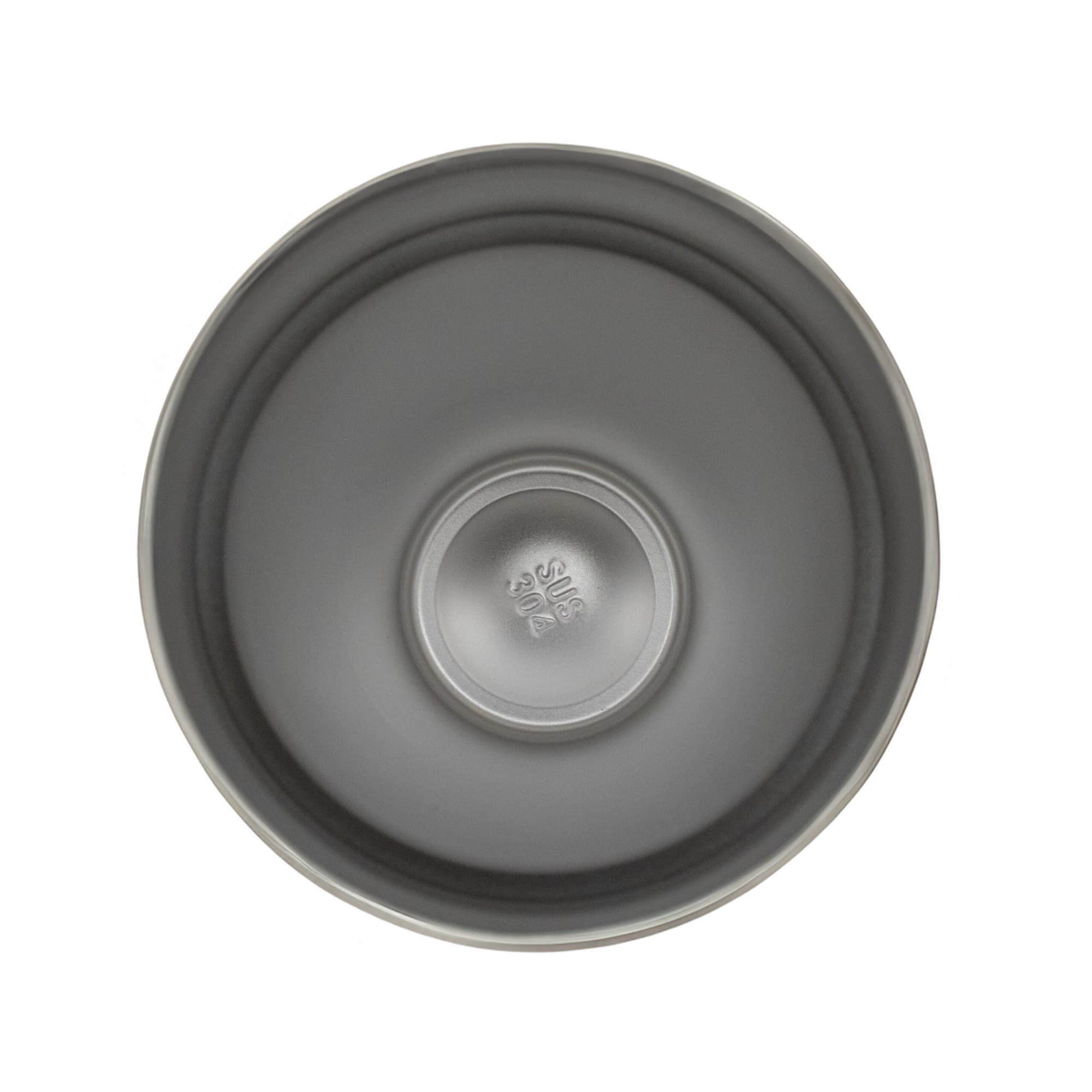 A drink bottle in grey with a rounded design and an inner base. It features a logo on the side.