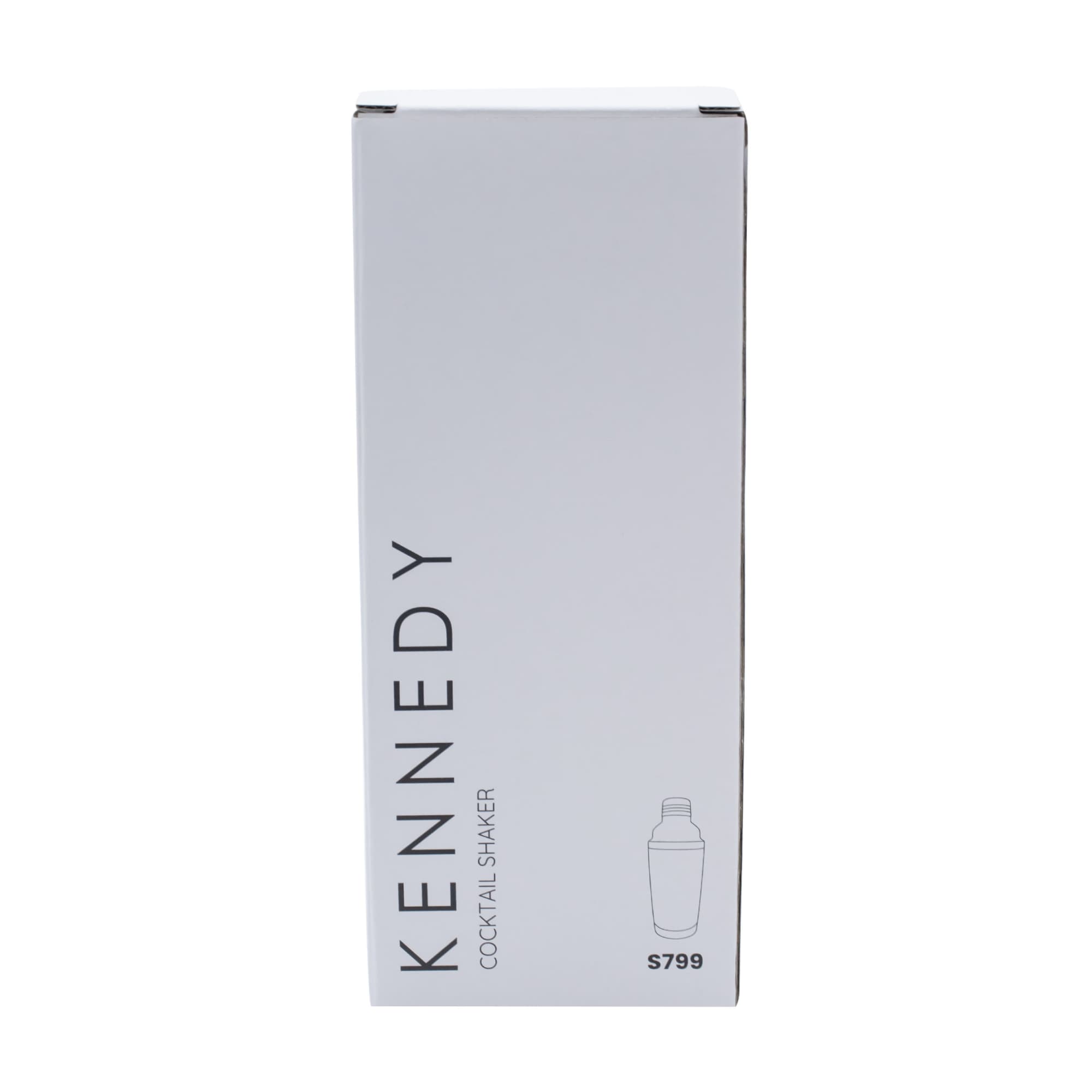 A drink bottle in a white box featuring a logo, designed as a cocktail shaker with a modern style.