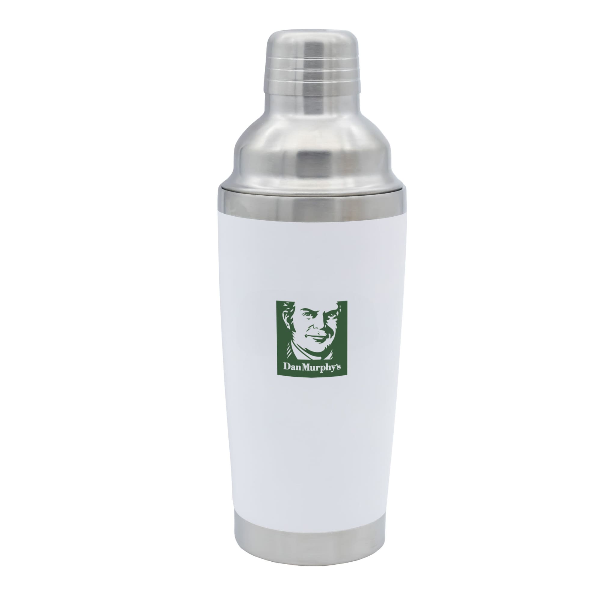 A drink bottle with a stainless steel finish and a white body, featuring a logo on the front.