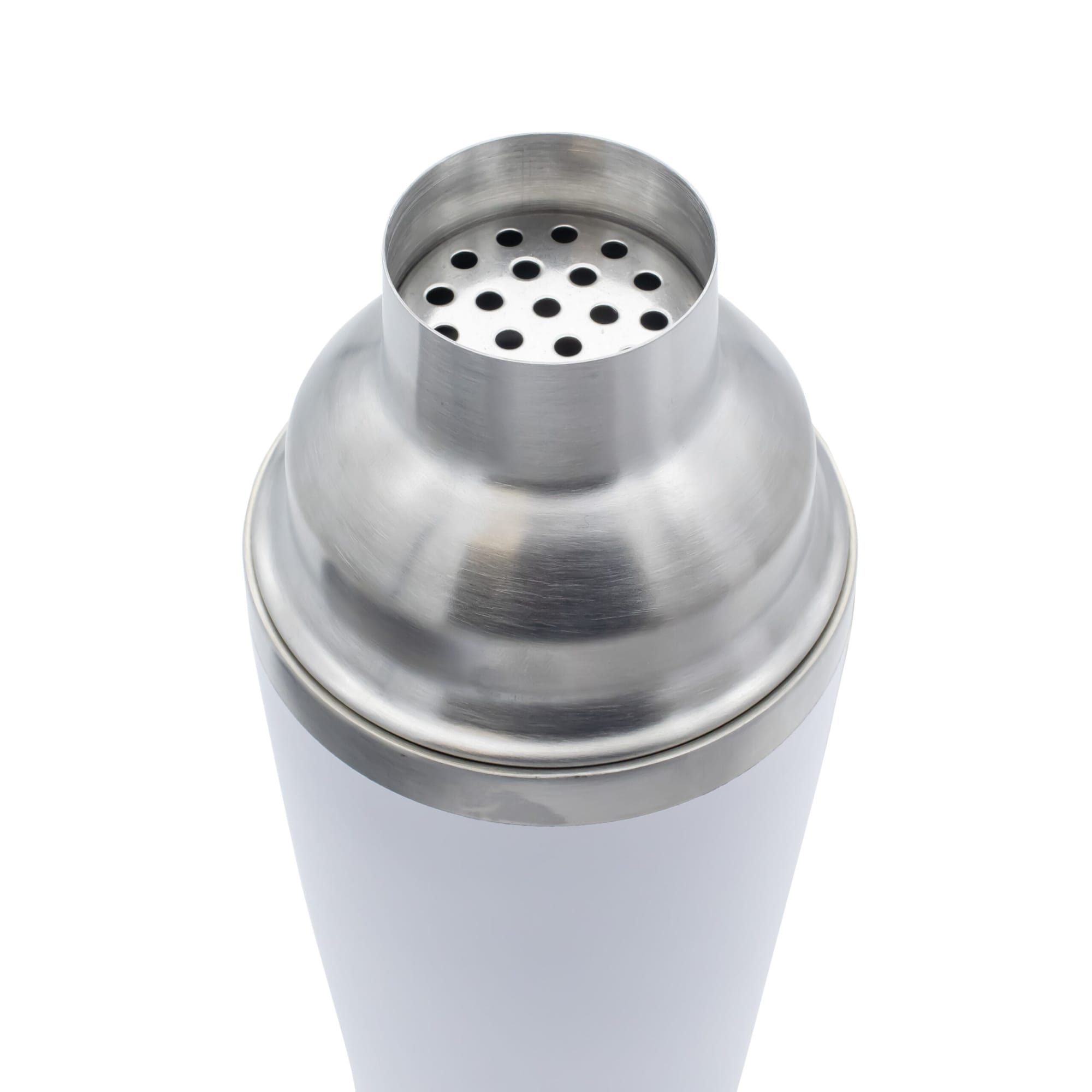 A drink bottle with a stainless steel top and white body, featuring a built-in strainer. It has a logo.