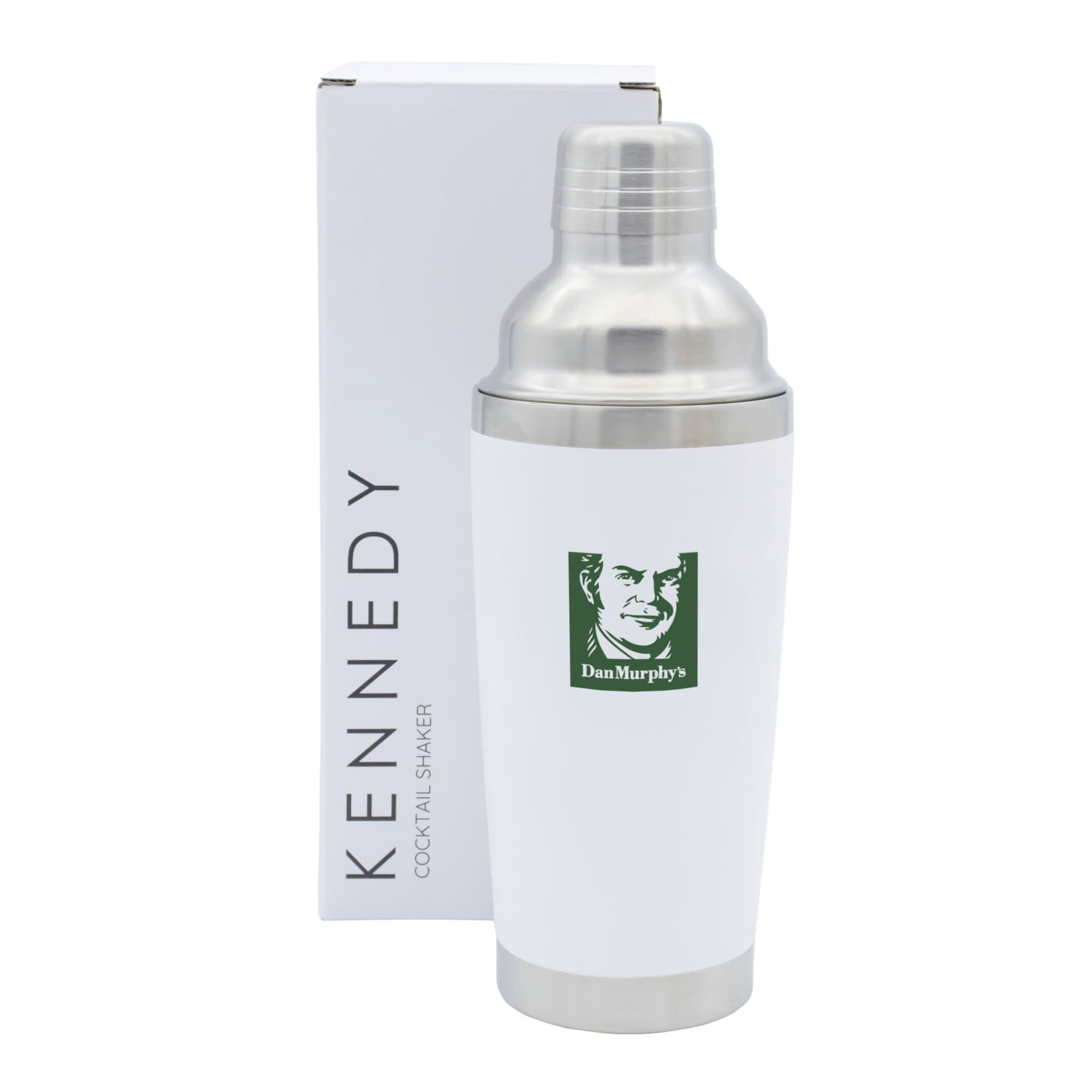A drink bottle featuring a stainless steel top and a white body, packaged in a box with branding.