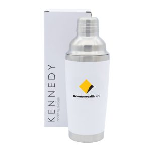A drink bottle in white and stainless steel, featuring a logo, packaged in a box.