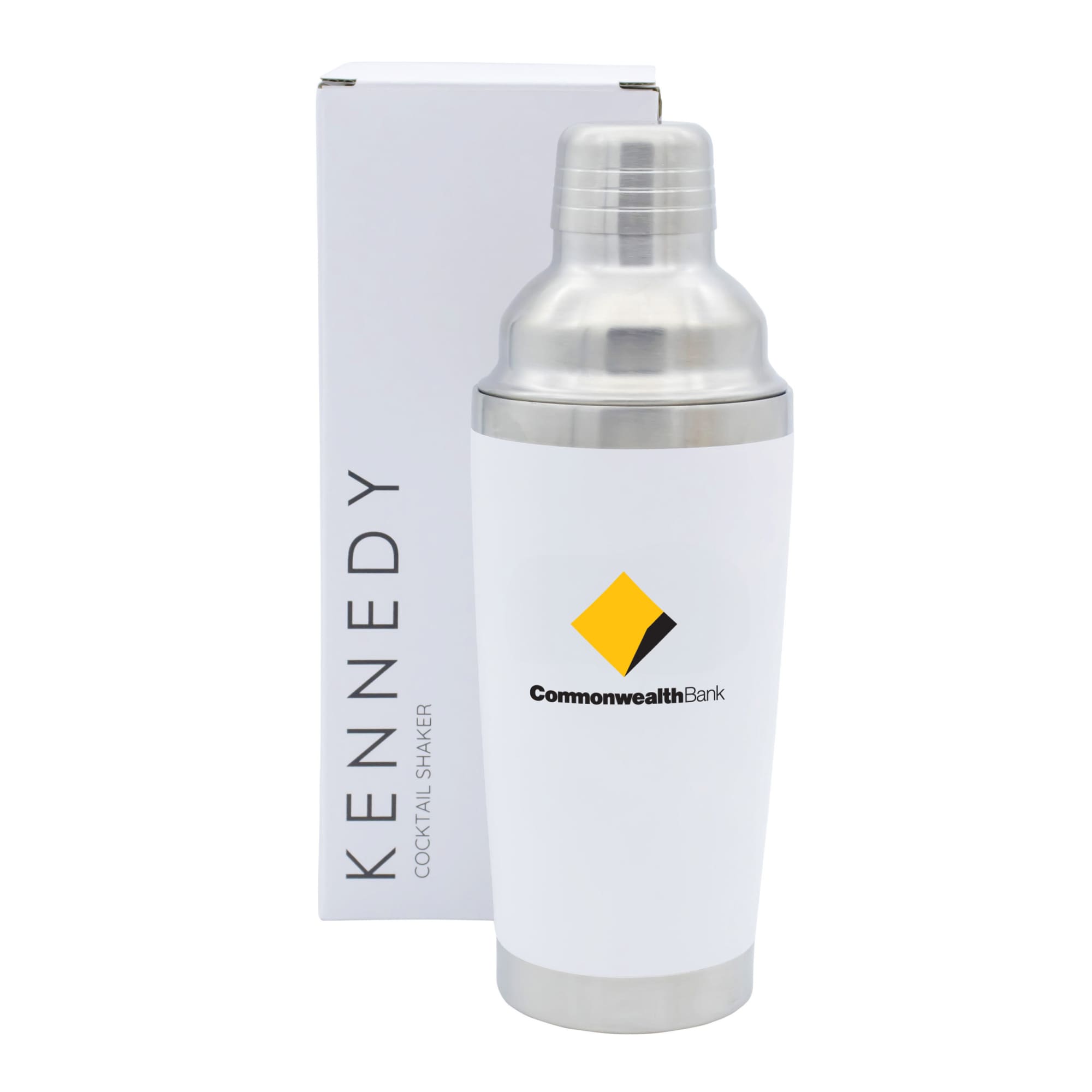 A drink bottle in white and stainless steel, featuring a logo, packaged in a box.