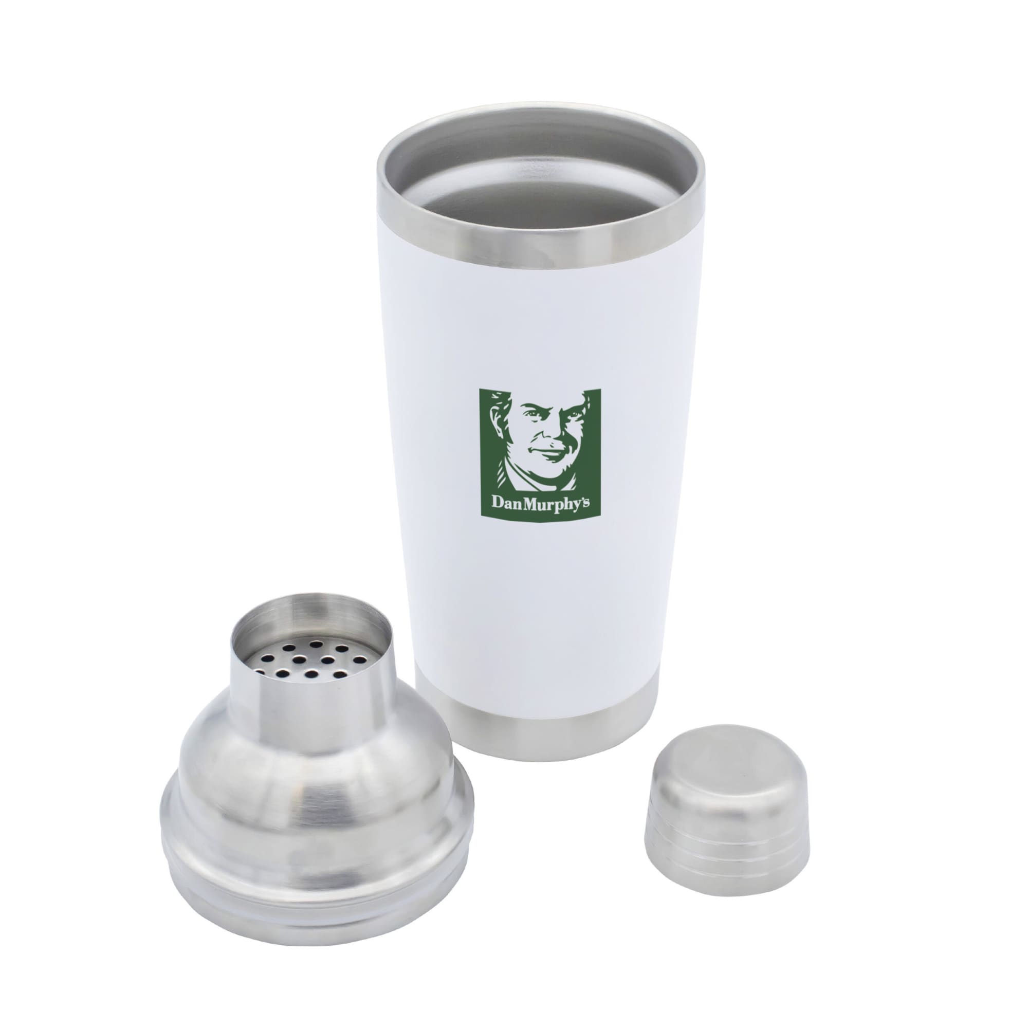 A drink bottle featuring a white exterior and stainless steel components, including a shaker top and cap.