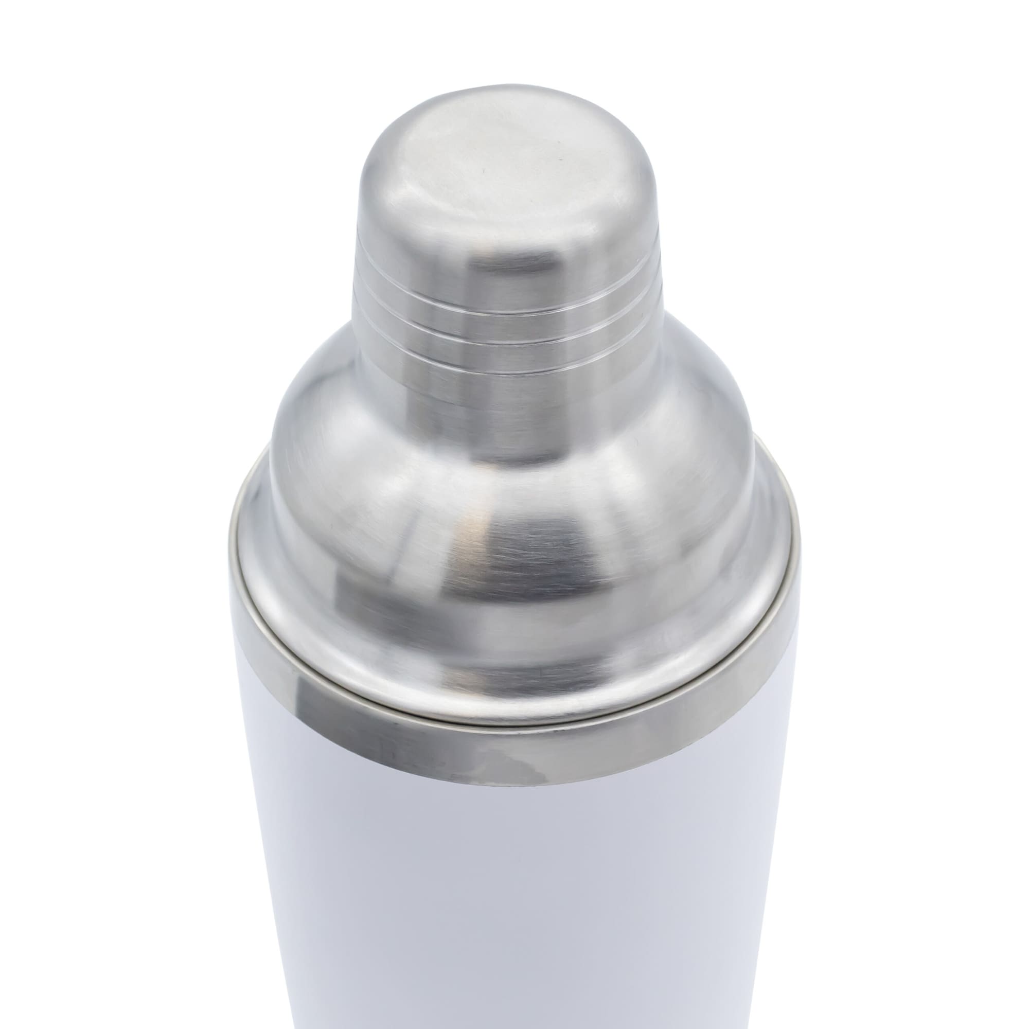 A drink bottle with a metallic silver cap and a white body, featuring a brand logo.