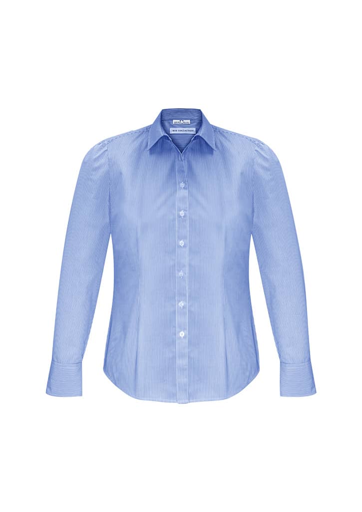 A blue women's long sleeve button-up shirt with a classic collar and a logo on the label.