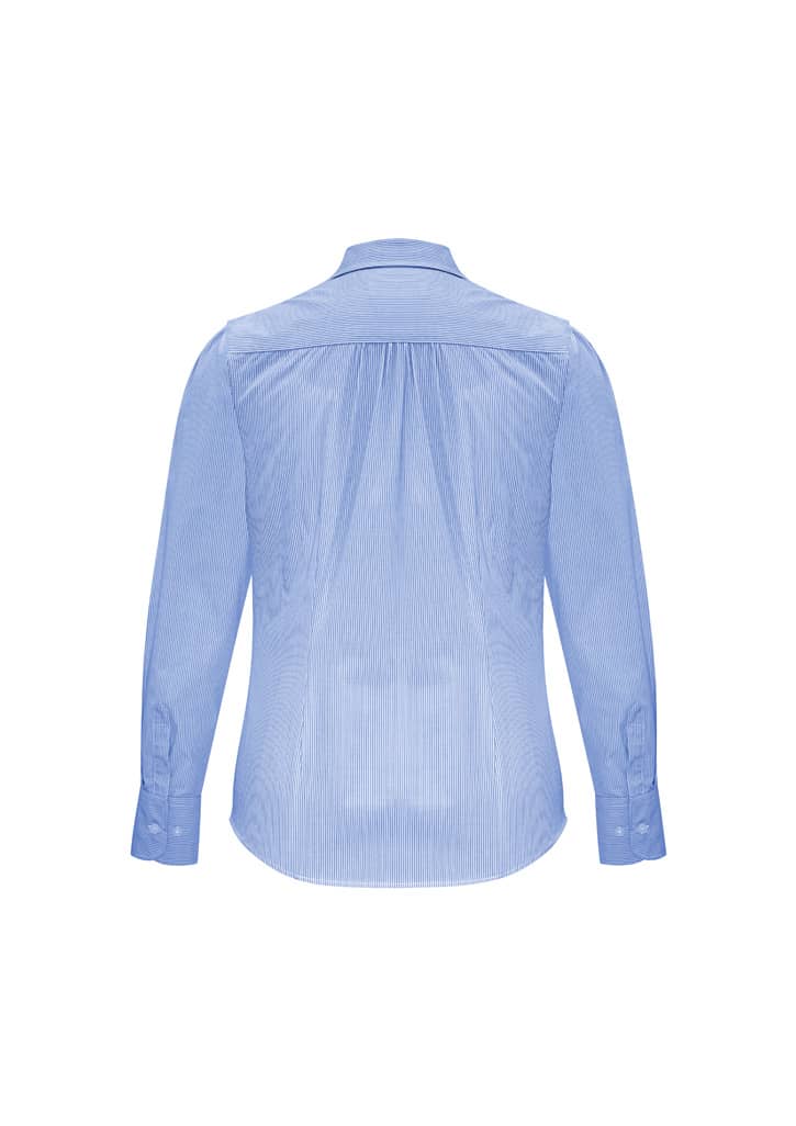 A light blue women's button-up long sleeve shirt with a fitted design and a back yoke detail.