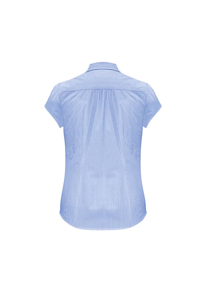 A light blue women's short sleeve button-up shirt with a back pleat and a subtle stripe pattern.