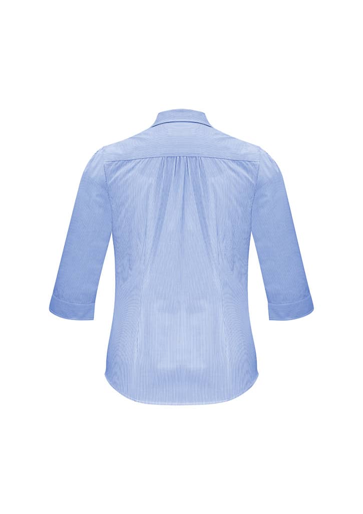 A women's blue button-up shirt with 3/4 sleeves, featuring a smooth back design and a collar. It has a logo.