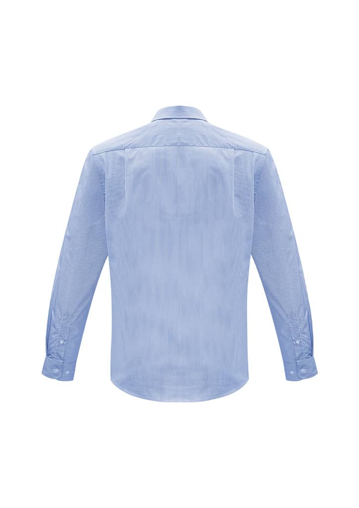 A light blue long sleeve button-up shirt with a back yoke and logo detail.