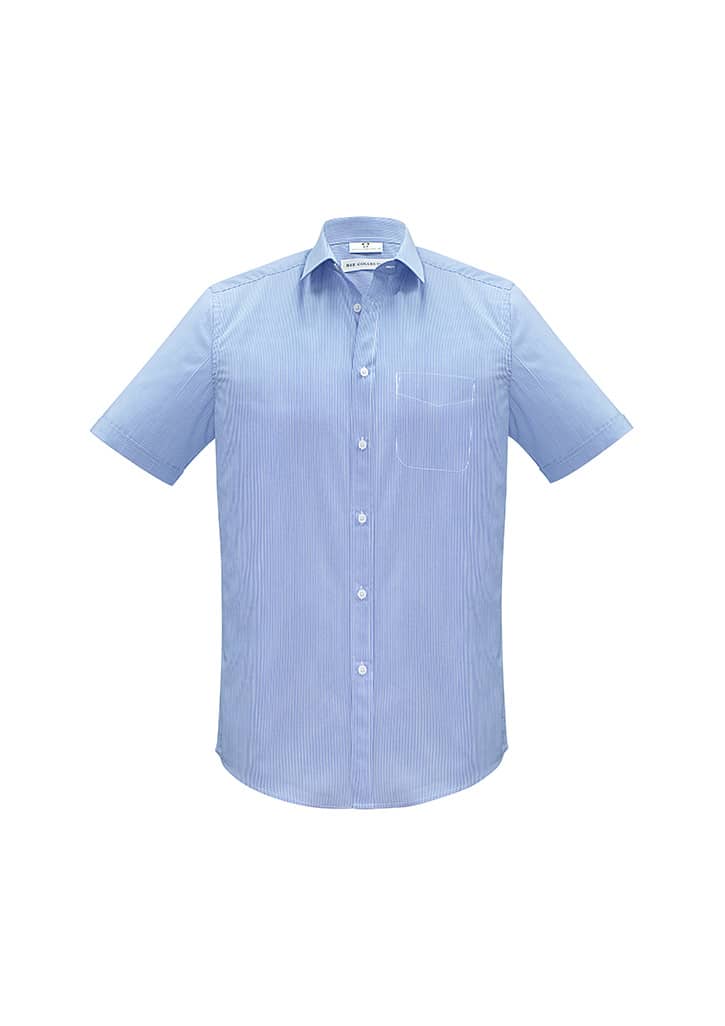 A light blue short sleeve button-up shirt with a pocket and a logo on the collar.