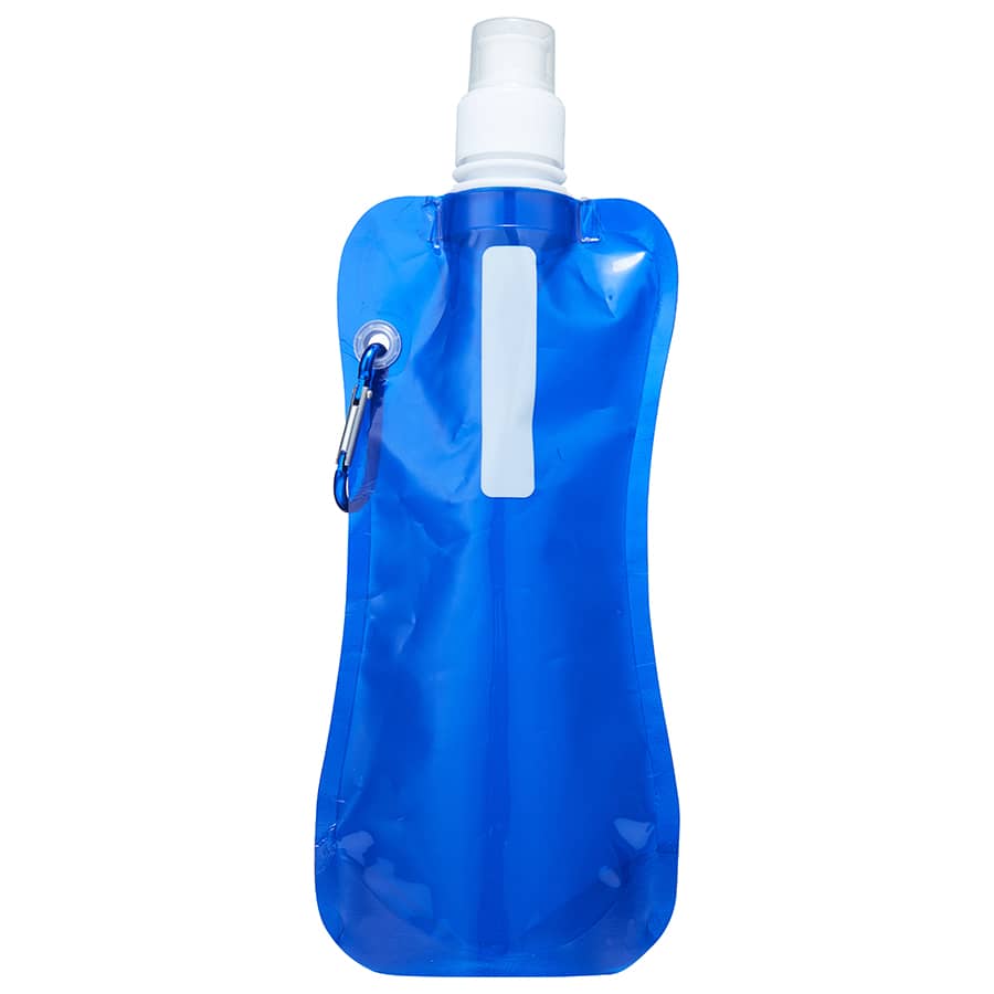 A drink bottle in a translucent blue design with a spray nozzle and a carabiner clip. Branding is visible.