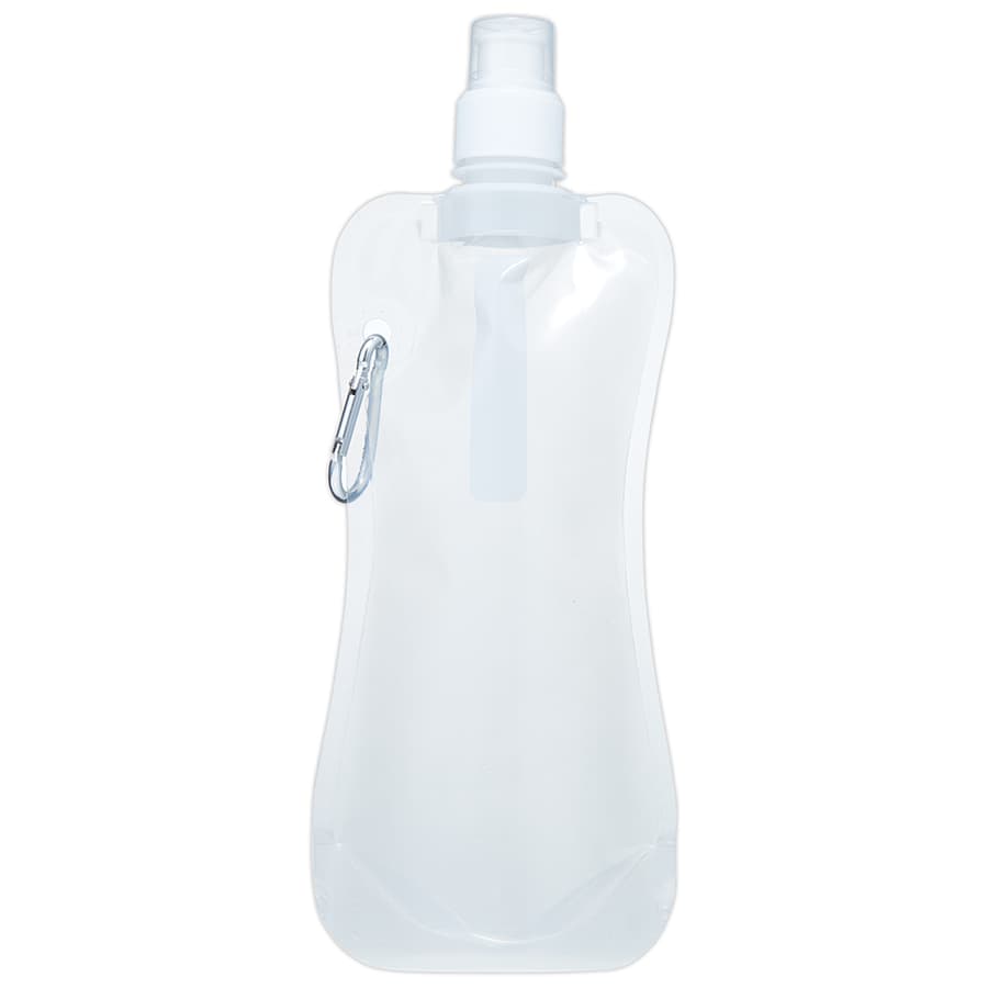 A drink bottle in a translucent white colour with a spray nozzle and a metal carabiner attached.