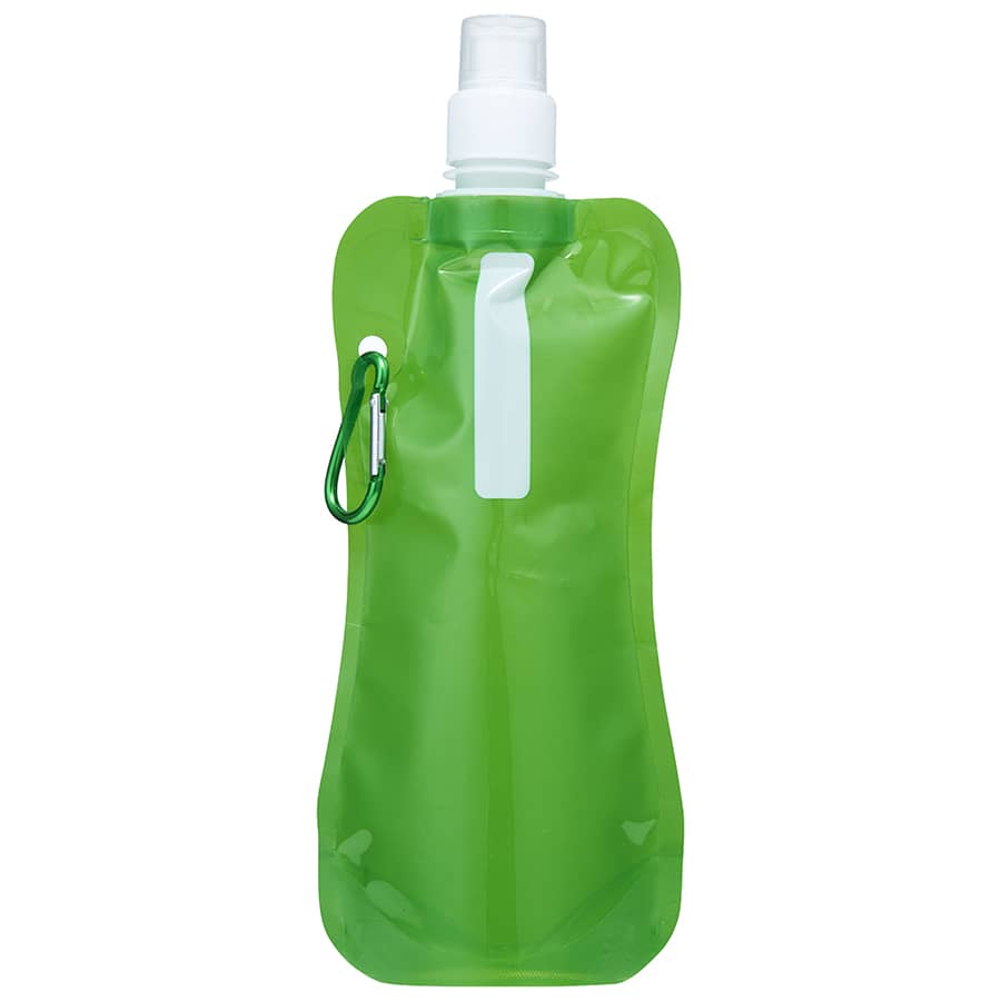 A drink bottle in bright green, featuring a spray nozzle and a carabiner clip, with a simple branding logo.