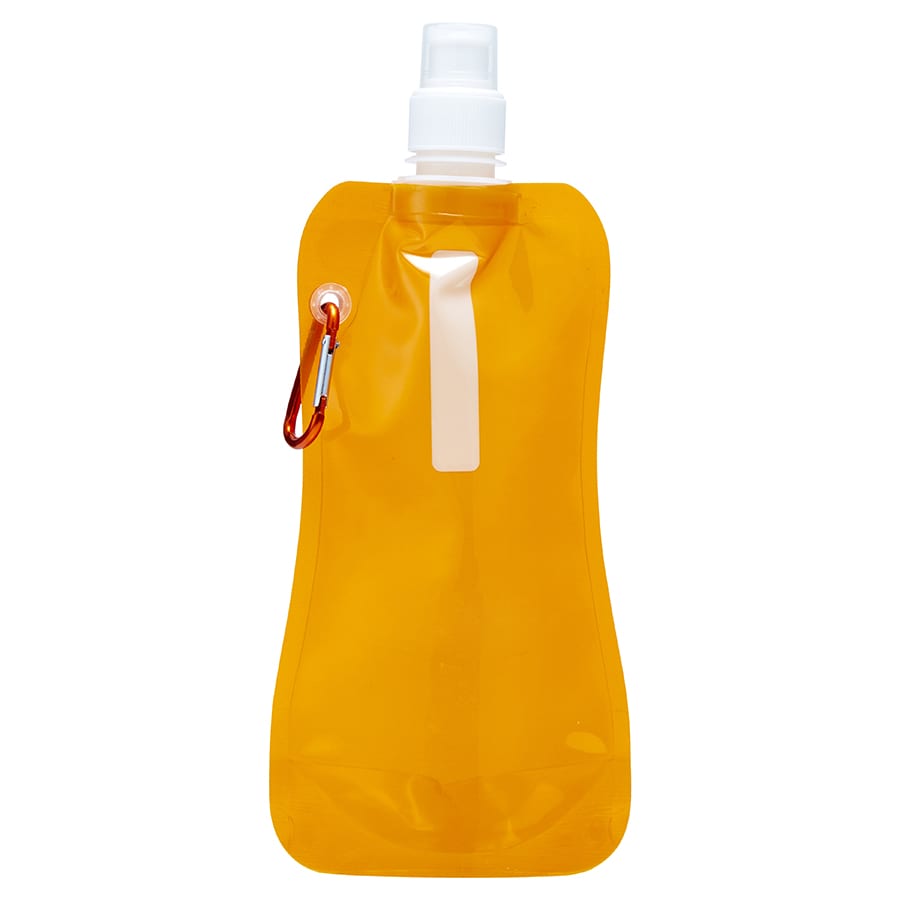 A drink bottle in a vibrant orange hue with a spray nozzle and a carabiner attachment. Features a logo.