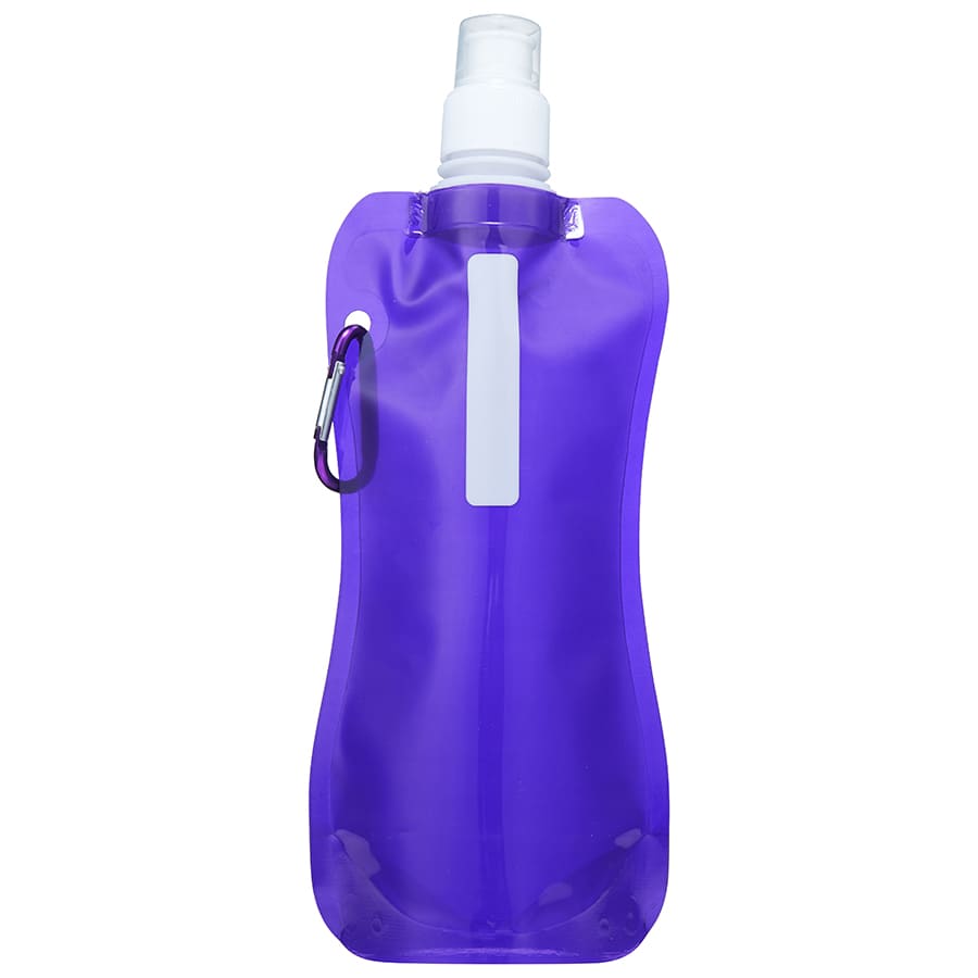 A drink bottle in a vibrant purple colour, featuring a flexible design and a carabiner clip. It has a logo.