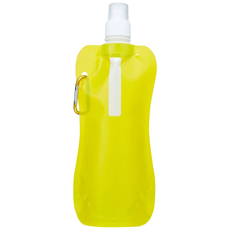 A drink bottle in bright yellow, featuring a secure cap and a carabiner clip. It has a logo on the side.