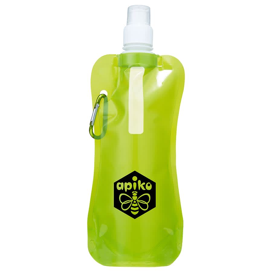 A drink bottle designed for outdoor use, featuring a translucent green body and a logo, with a carabiner attachment.
