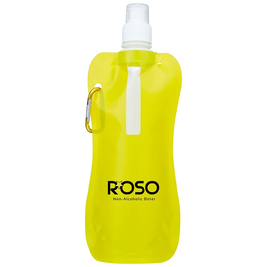 A drink bottle in bright yellow with a flexible design and a cap. It features a logo on the front.