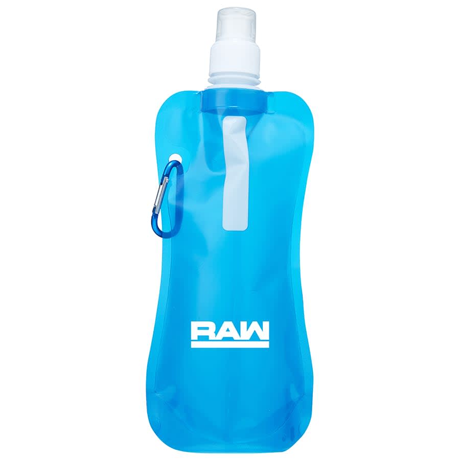A drink bottle in a translucent blue colour, featuring a spout and a logo, shaped for easy handling.