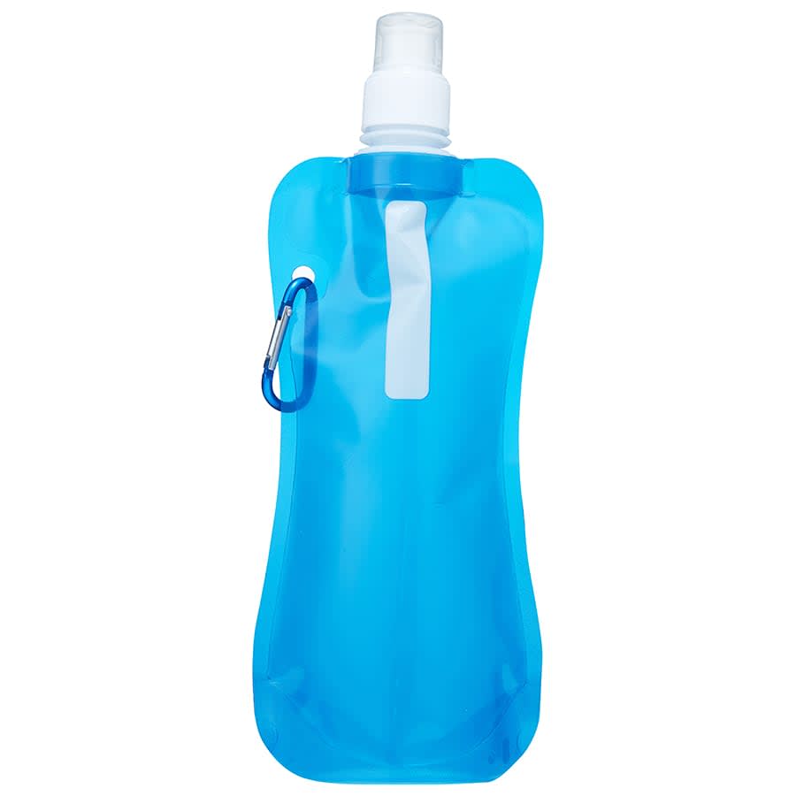 A drink bottle in a blue hue, featuring a flexible design and a carabiner clip for easy attachment.