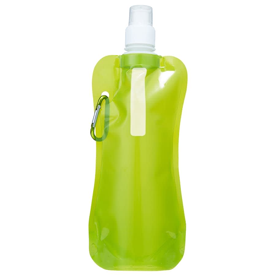 A drink bottle in bright green, featuring a flexible pouch design and a carabiner for attachment.