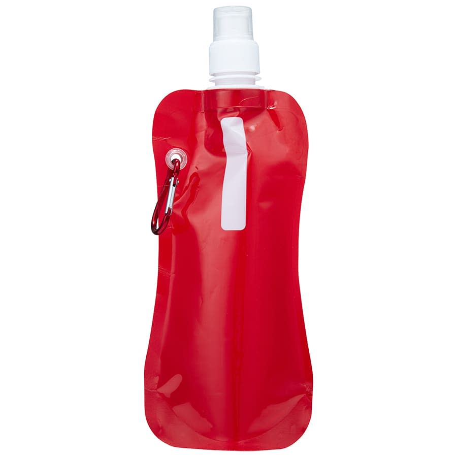 A drink bottle in red, featuring a white nozzle and a carabiner attachment. The bottle has a logo on it.