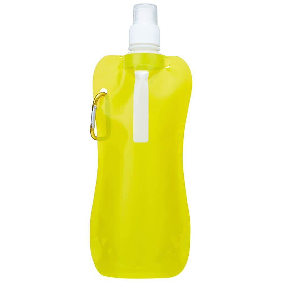 A drink bottle in bright yellow with a spout and a carabiner for attachment. It features a logo.