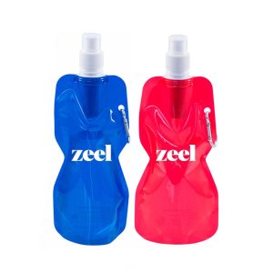 A drink bottle set featuring a blue and a pink flexible design, both with a clip and a logo.