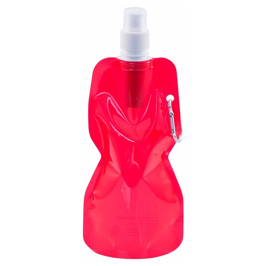 A drink bottle in a vibrant red colour with a flexible design, featuring a spray nozzle and a carabiner clip.