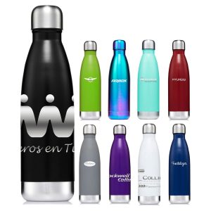 A drink bottle collection featuring various designs and colours, including black, green, blue, purple, and silver.