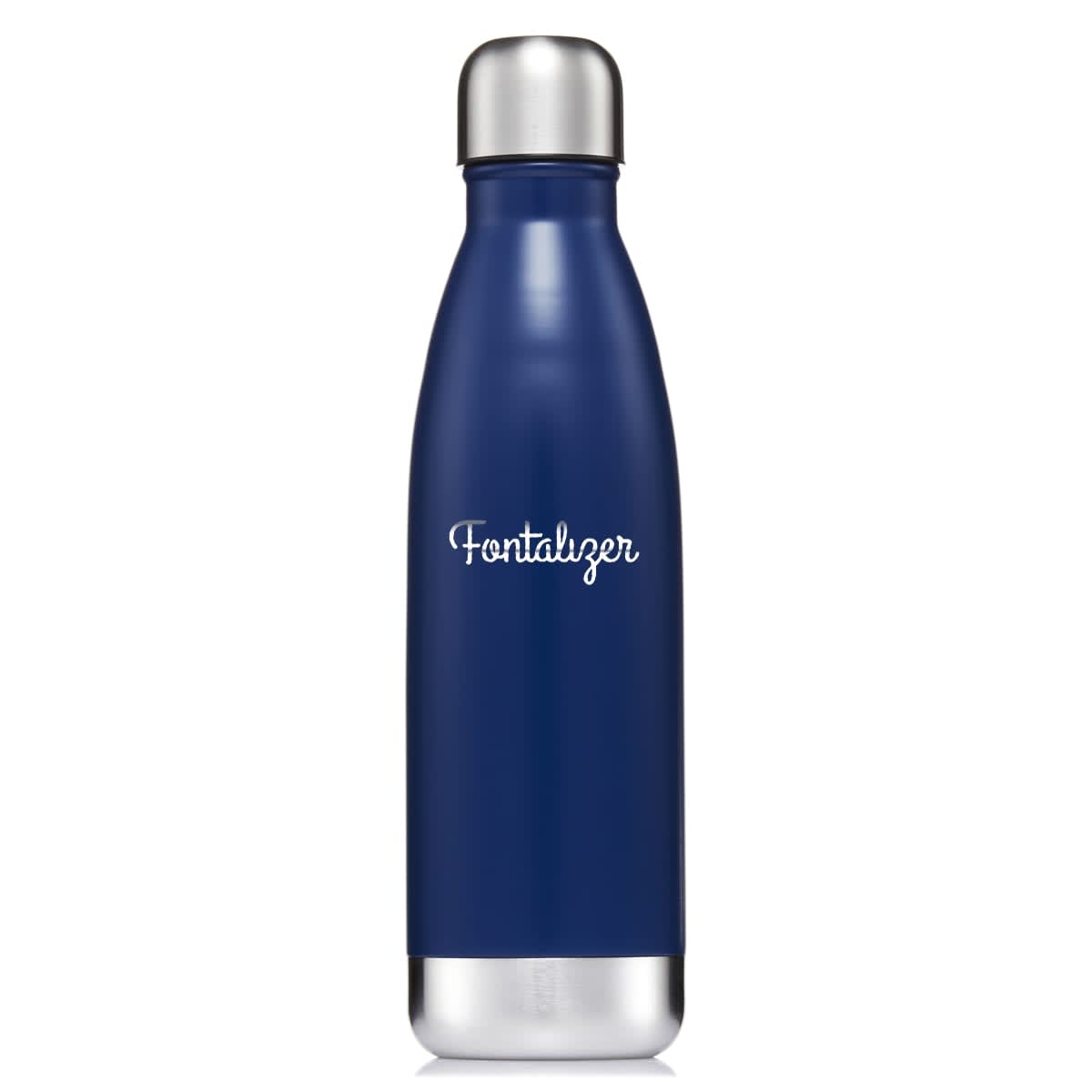 A drink bottle in navy blue with a silver cap and a logo. Sleek design and stainless steel construction.