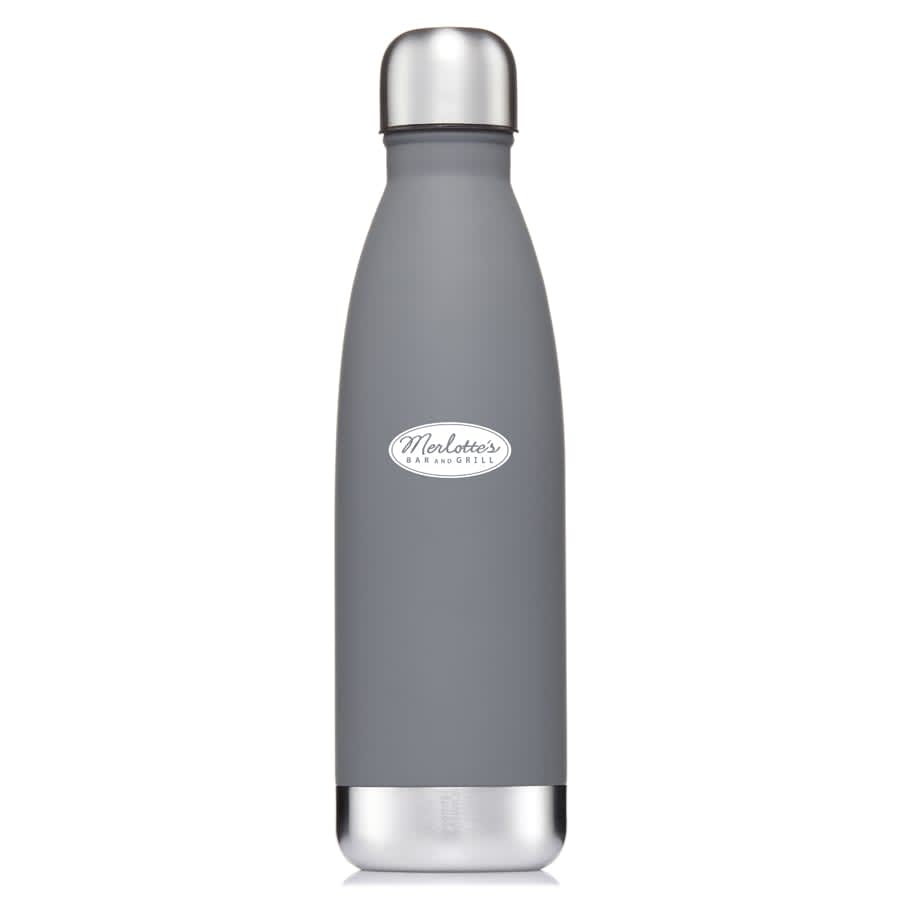 A drink bottle in matte grey with a stainless steel cap and a logo on the front.