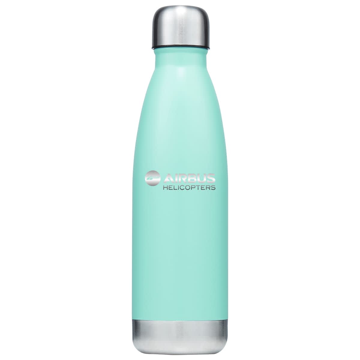 A drink bottle in a mint green colour with a stainless steel base and a branding logo.