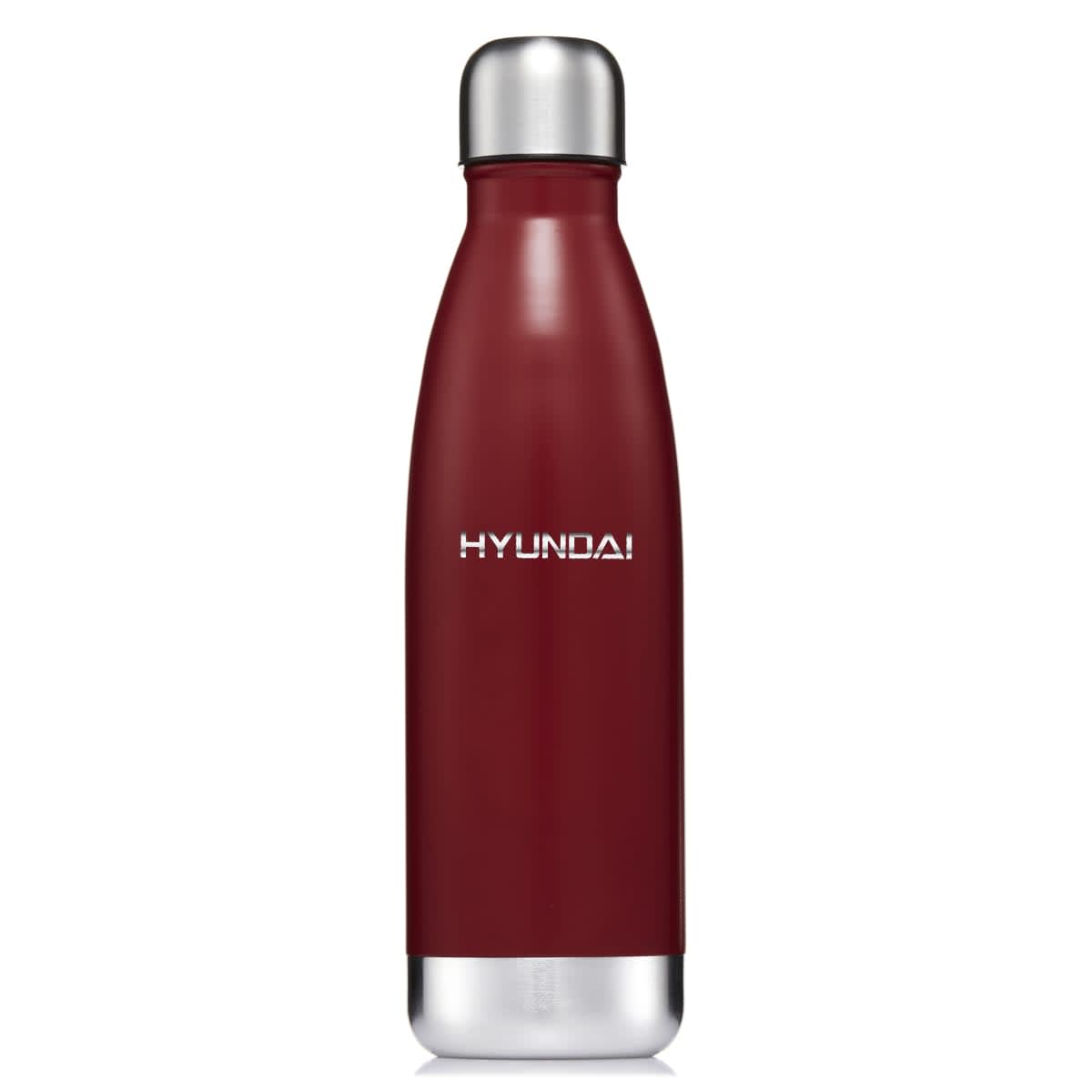 A drink bottle in a deep red colour with a stainless steel lid, featuring a logo on the side.
