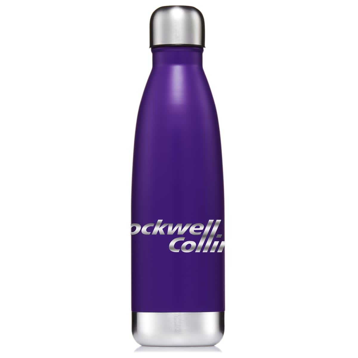 A drink bottle in purple with a silver base and a logo on the side. It has a sleek, modern design.