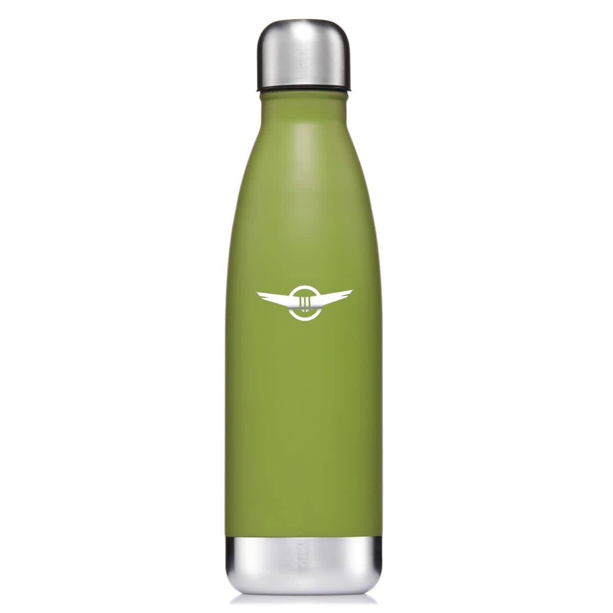 A drink bottle with a sleek design, featuring a green body and a stainless steel cap, along with a logo.
