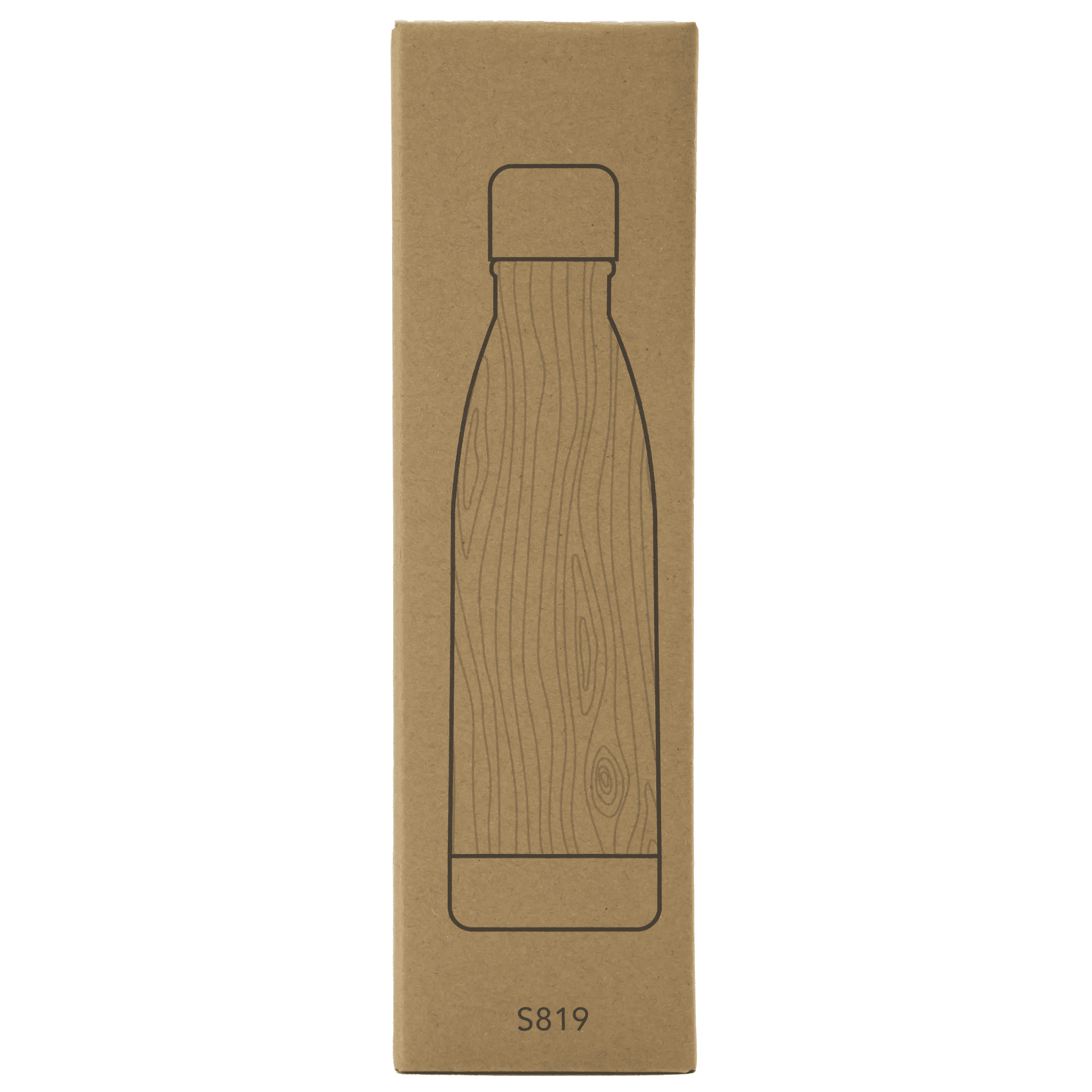 A drink bottle in a sleek design, featuring a wooden pattern on a brown cardboard box.