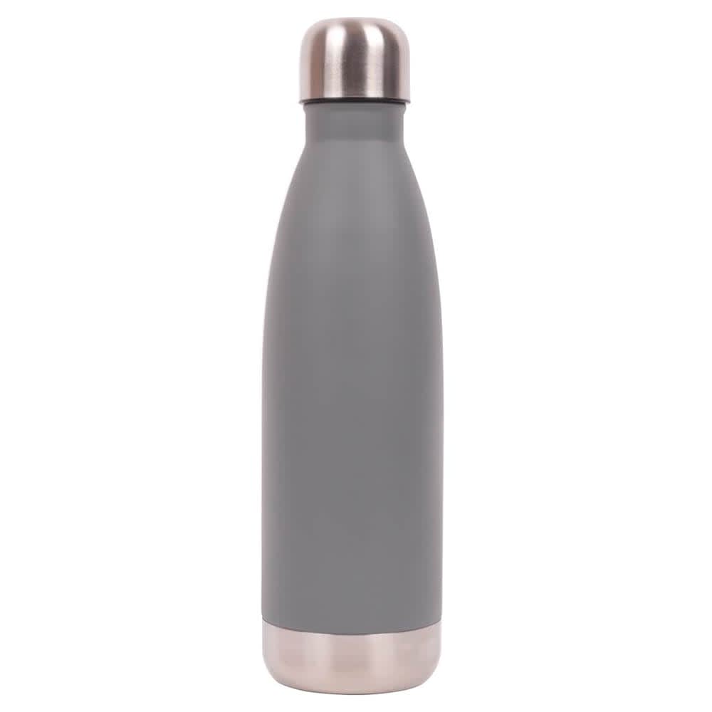 A drink bottle in matte grey with a stainless-steel lid and base, featuring a simple design and a branding logo.