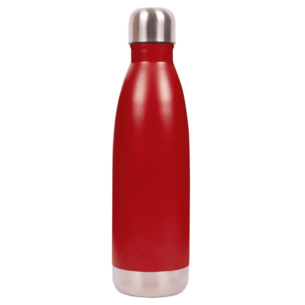 A drink bottle in bright red with a stainless steel top and base. The bottle has a sleek, curved design and a logo.