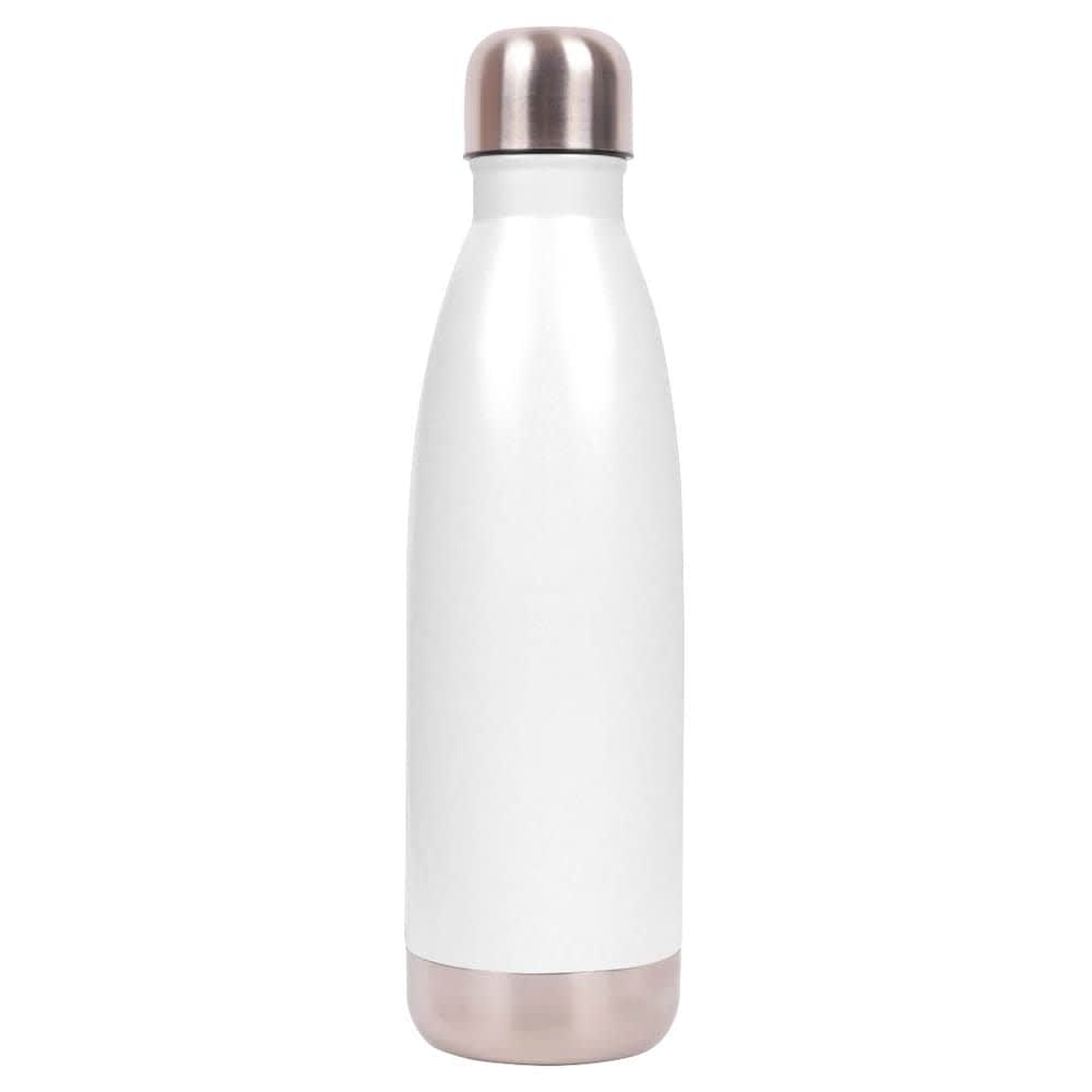 A drink bottle in matte white with a stainless steel base and cap, featuring a logo.