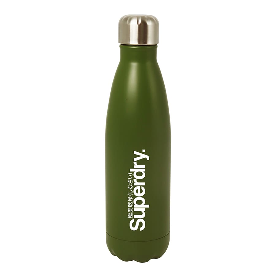 A drink bottle in matte olive green with a stainless steel cap and a logo.