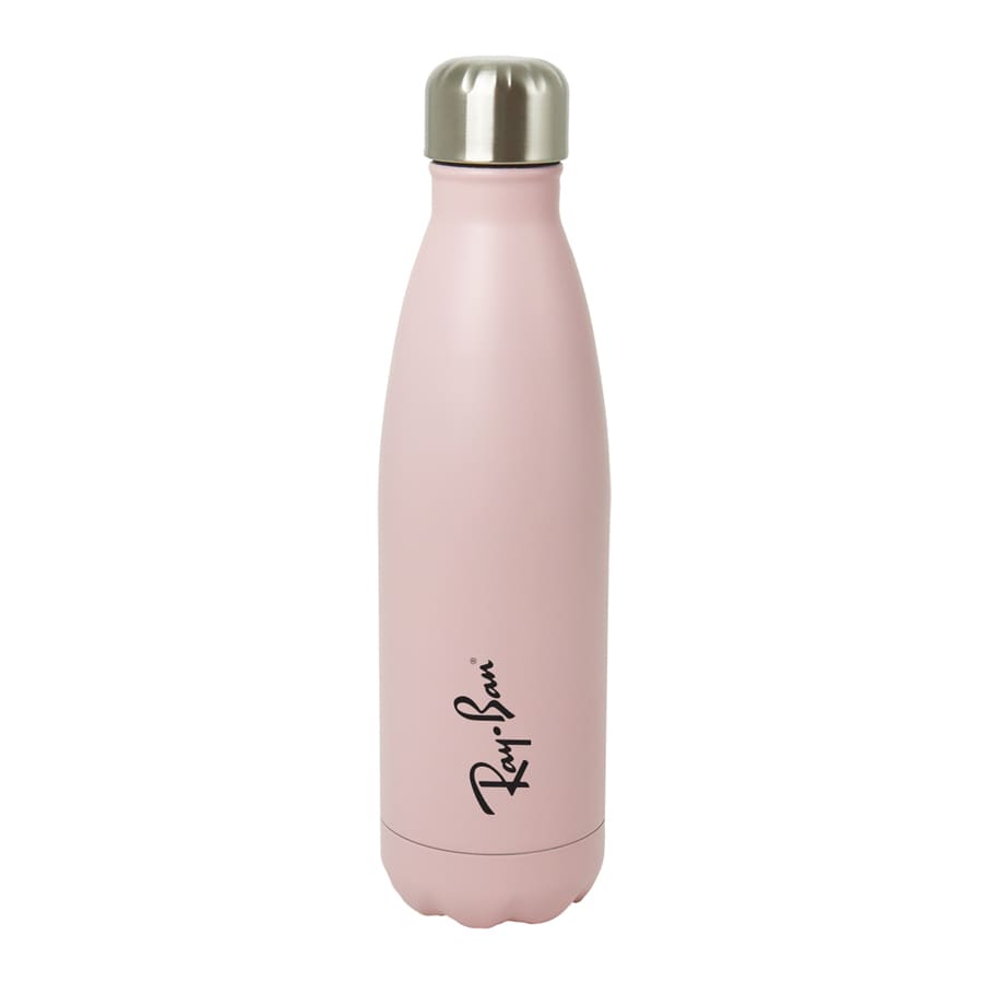 A drink bottle in pastel pink with a stainless steel lid and a logo on the side.
