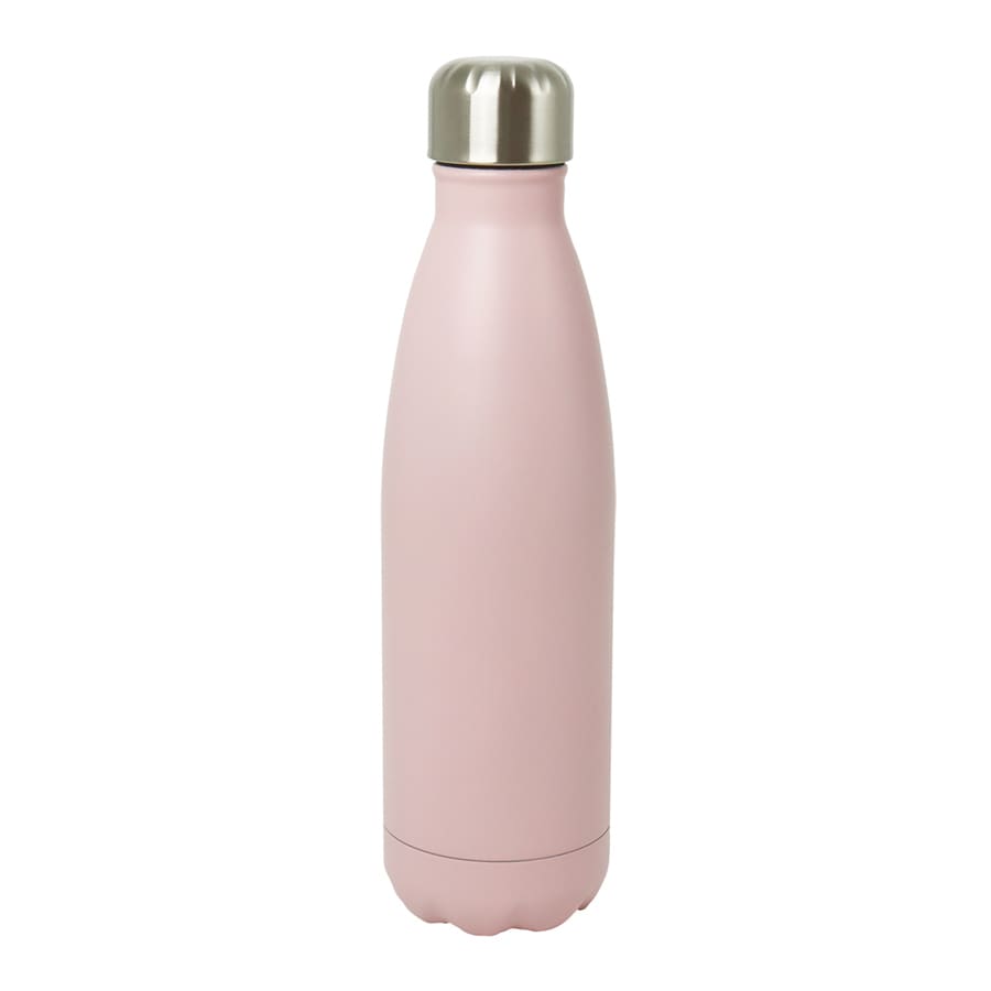 A drink bottle in soft pink with a stainless steel cap and a sleek, minimalist design. It features a logo.