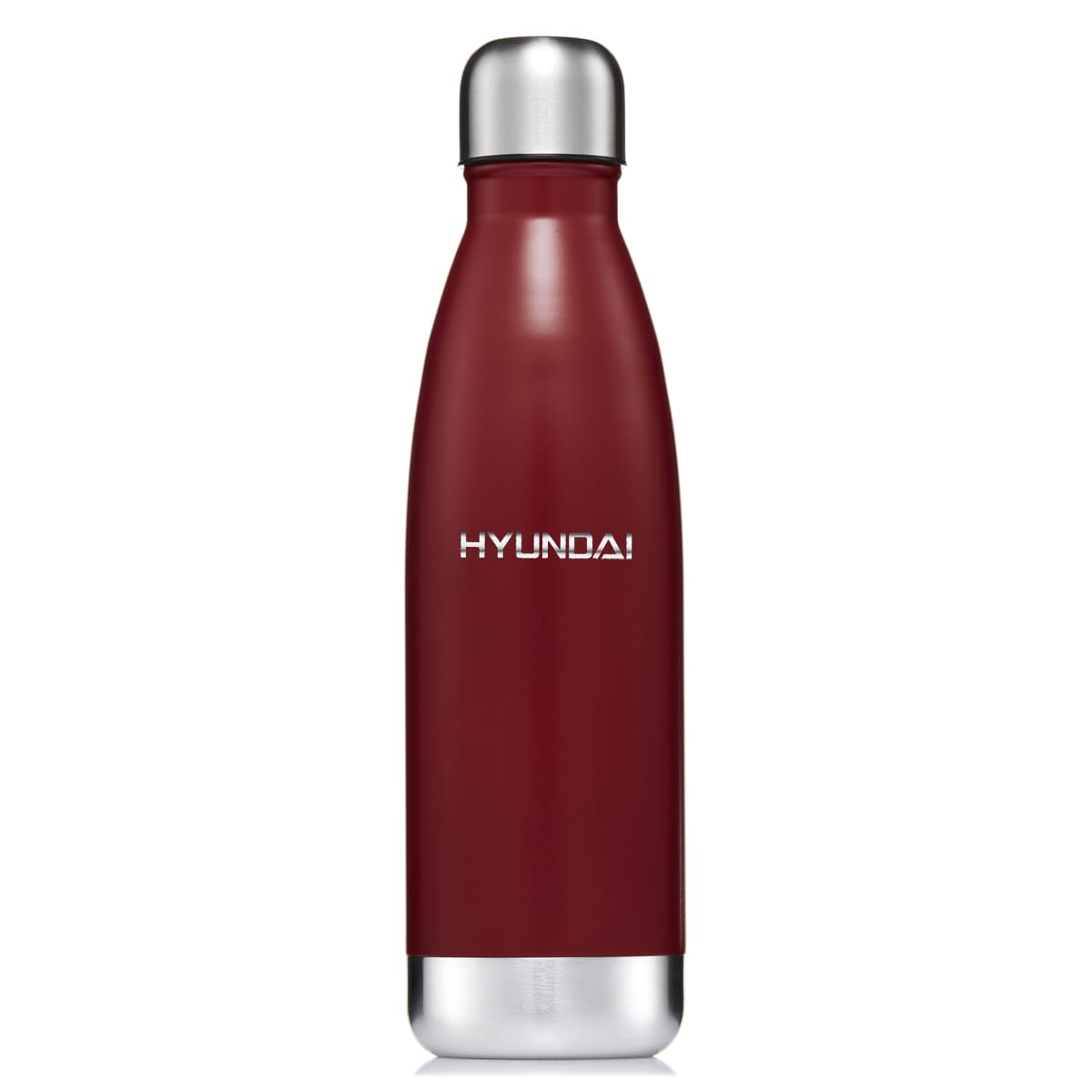 A drink bottle in a deep red colour with a sleek stainless steel base and a logo.