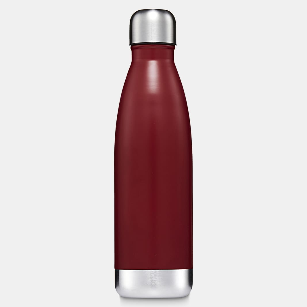 A drink bottle in maroon with a stainless steel base and cap, featuring a sleek, rounded shape and a logo.