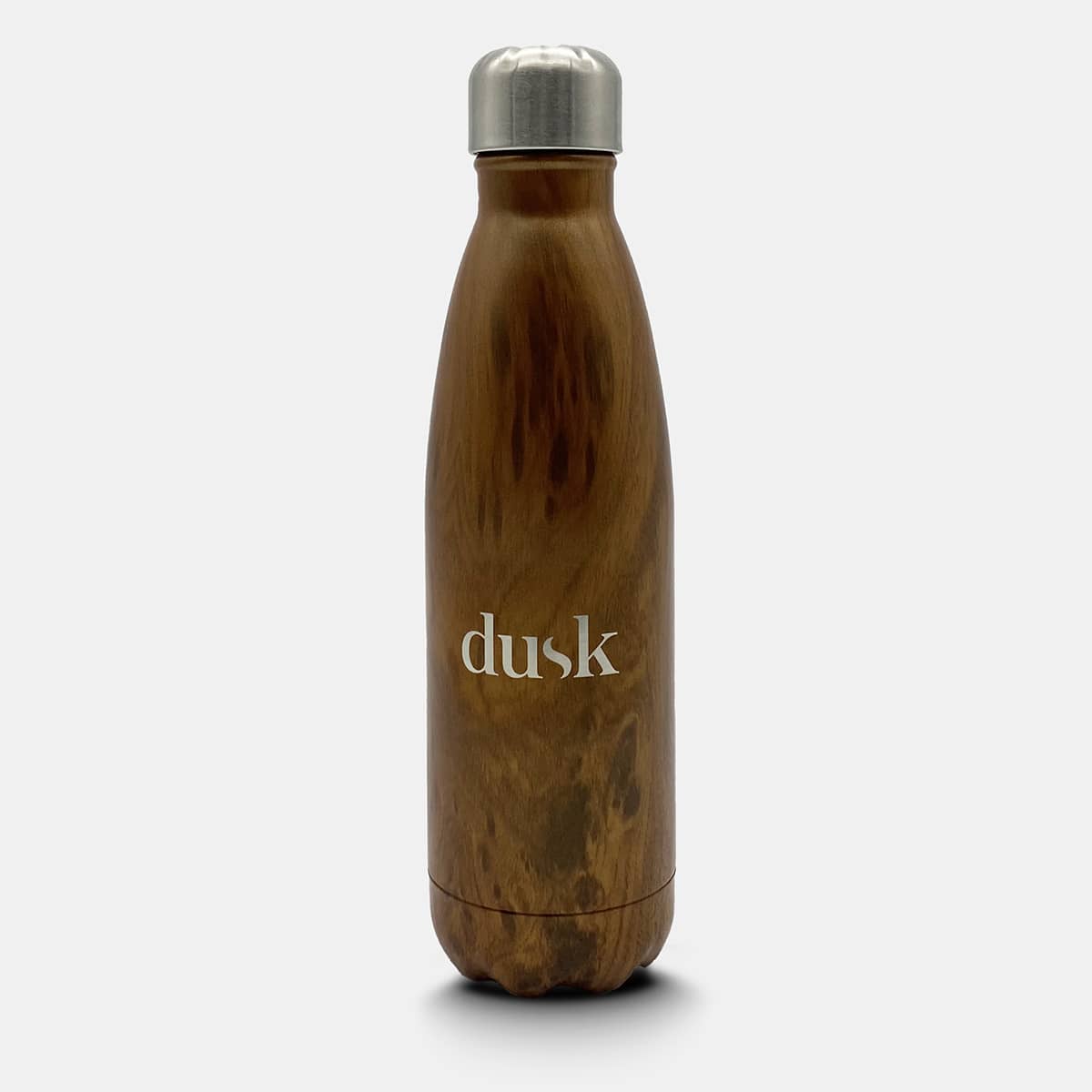 A drink bottle in a wooden finish with a metal lid and a logo on the front.