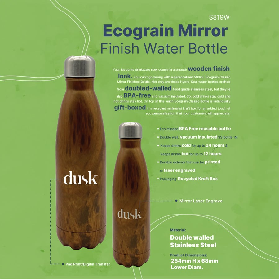 A drink bottle with a wooden finish, featuring a brown exterior and stainless steel interior, includes a logo.