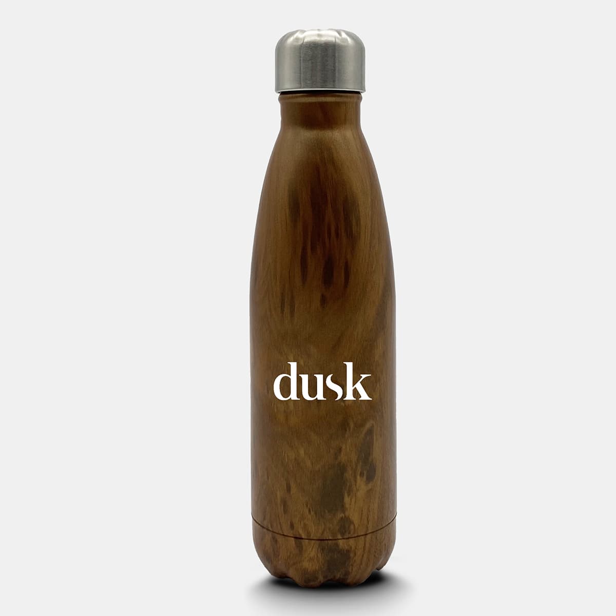 A drink bottle with a wooden finish, stainless steel cap, and a logo. The bottle is tall and sleek in design.